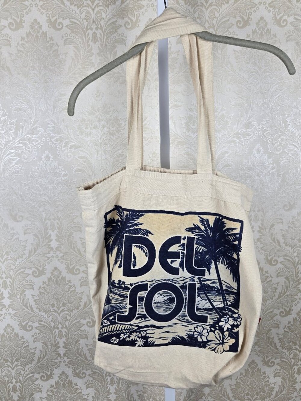 Del Sol Cream Cotton Canvas Tote Back Blue Graphics Color Changing In The Sun